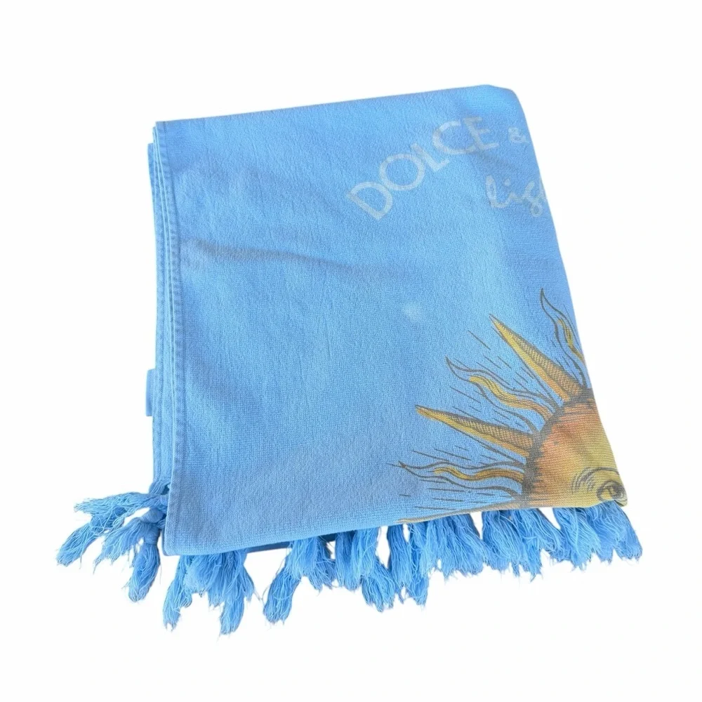 Dolce&Gabbana Light Blue Celestial Sunface Fringed Cotton Beach Towel 26x55 READ
